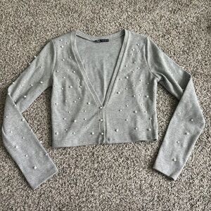 Zara Light Gray Pearl-Studded Cardigan